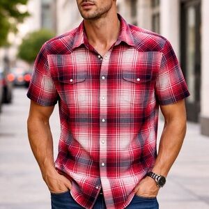 Lucky Brand Red Plaid Short-Sleeve Button-Down Shirt